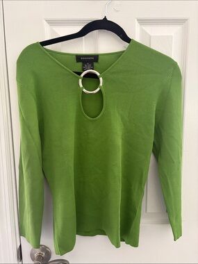 Pointelle Green Ring-Accent Long-Sleeve Knit Top